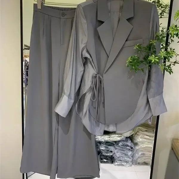 White Lace Up Shirt Splicing Suit Coat Wide Leg Pants Two Piece Sets Women Outfits Spring Summer High-end Fashion Women Set