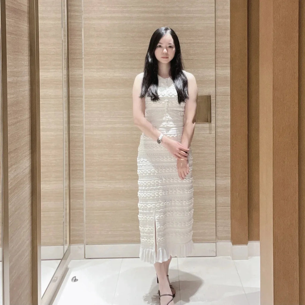 Women's white hollow knitted two-piece set elegant slim-fitting pearl-decorated vest or slit skirt