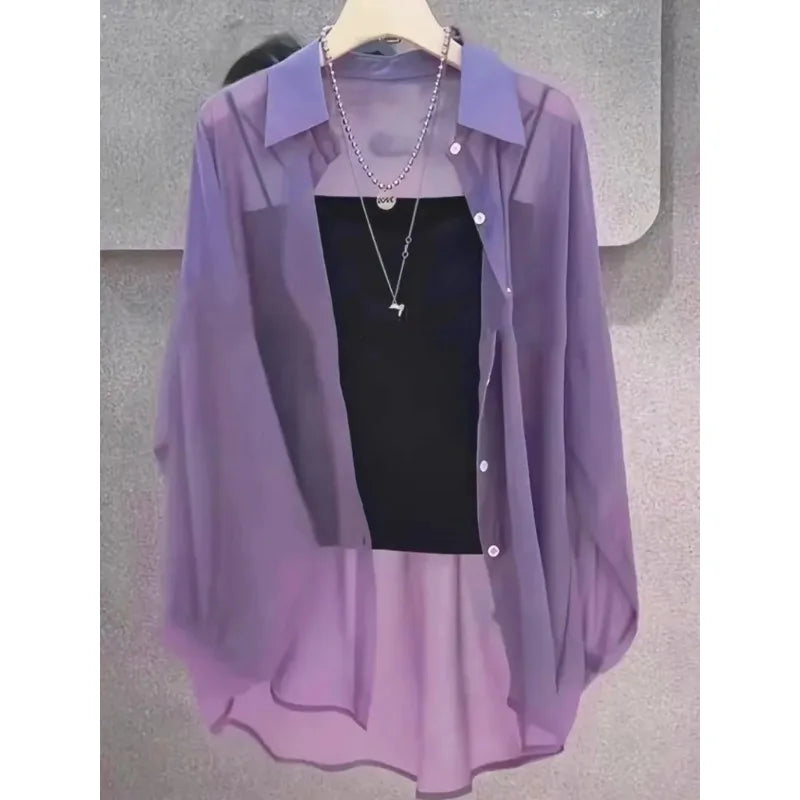 New Women's Shirt | Lightweight Breathable, Solid Color, Straight Button Placket, Lapel, Long-Sleeve, Outerwear & Sun-Protective