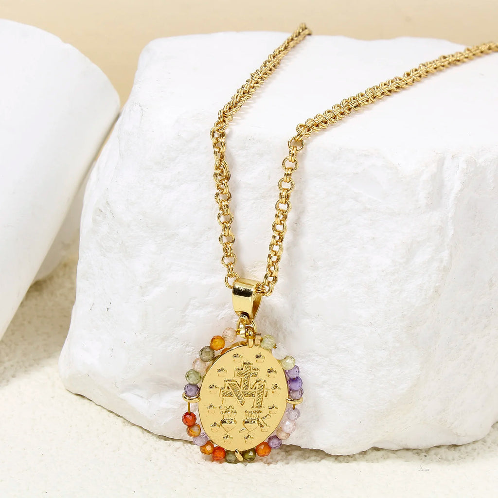 1pc Religious Gold Color Brass Charm Multicolor Glass Beads Virgin Mary Cross Pendant DIY Necklace Jewelry Gift 28.5mm x 17.5mm