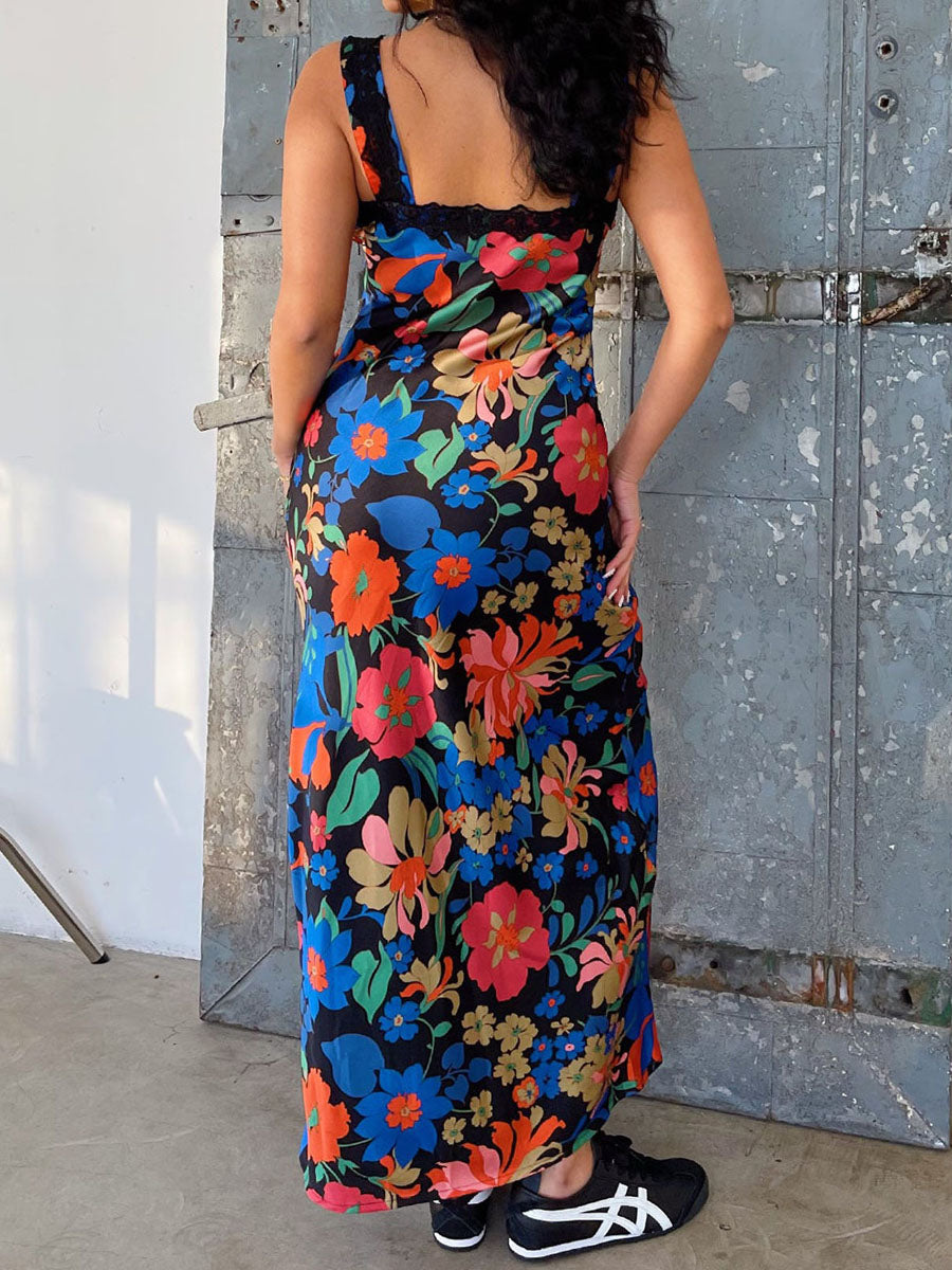 Women Slip Dress Sleeveless V-neck Tie-up Flower Print Long Dress Lace Patchwork Summer Dress for Cocktail Party