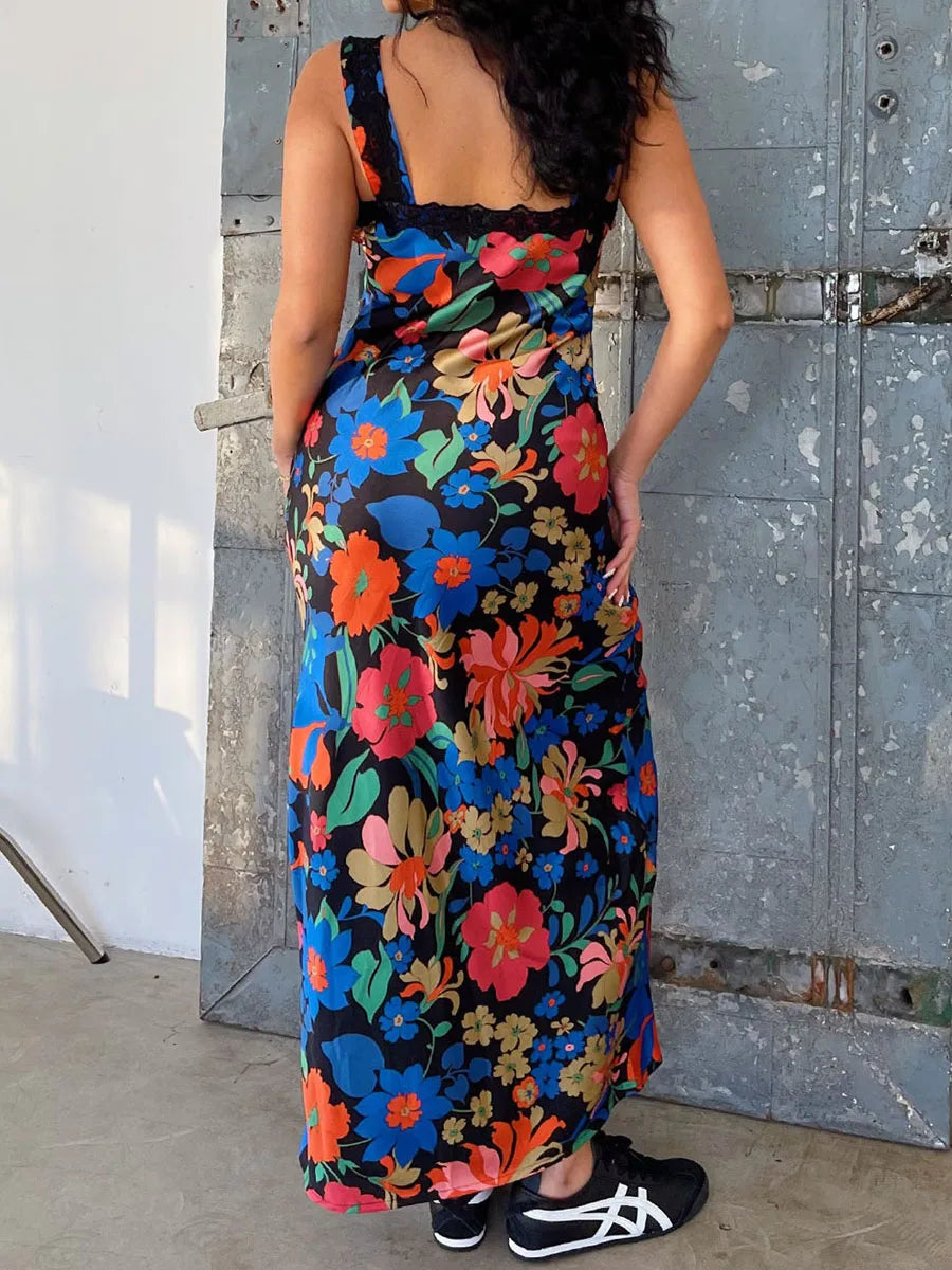 Women Slip Dress Sleeveless V-neck Tie-up Flower Print Long Dress Lace Patchwork Summer Dress for Cocktail Party
