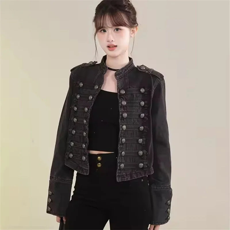 Women's American Retro Denim Military Inspired Cropped Denim Jacket Long Sleeve Stand Collar Jeans Coat Casual Motorcycle Coat