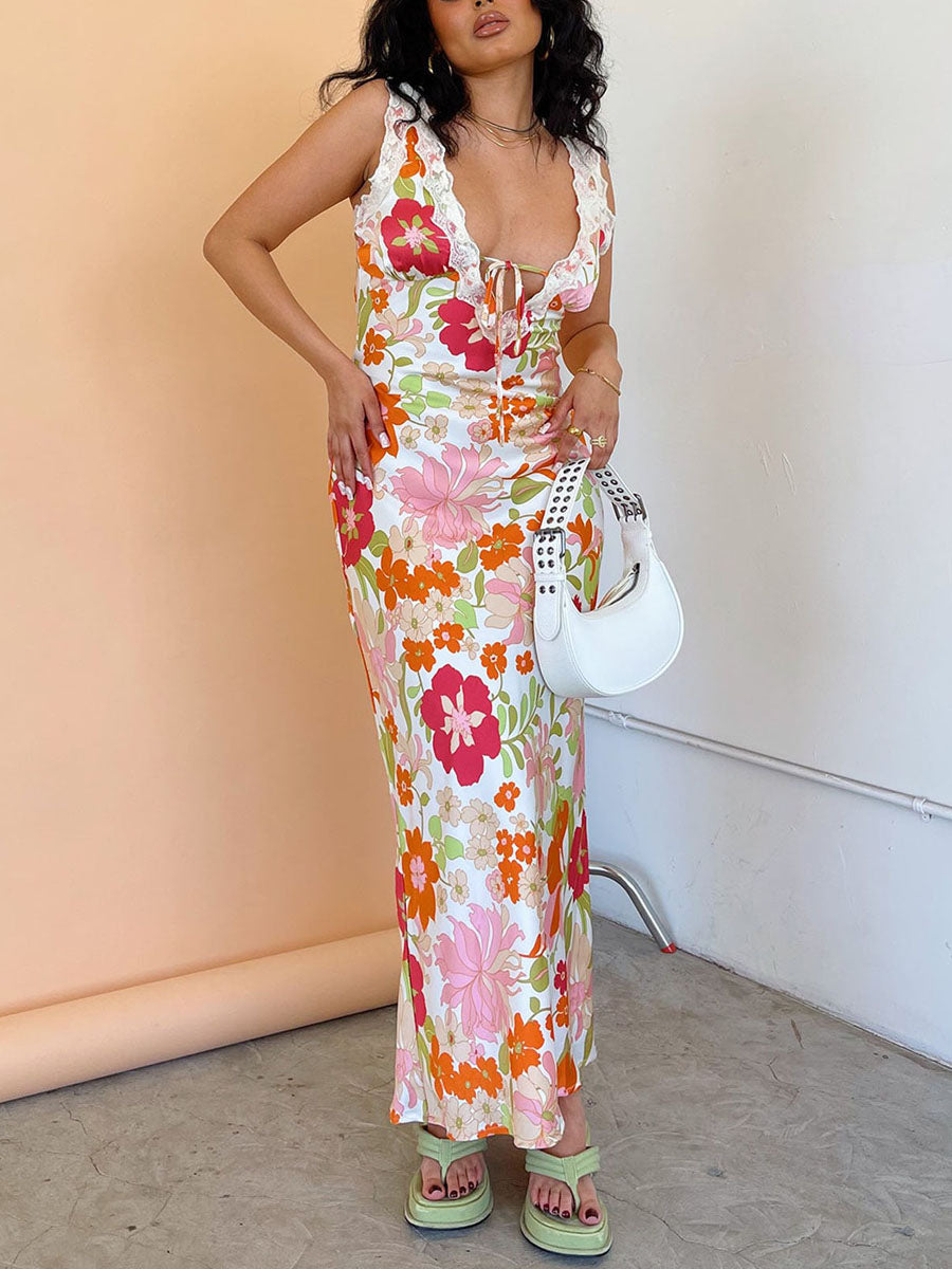 Women Slip Dress Sleeveless V-neck Tie-up Flower Print Long Dress Lace Patchwork Summer Dress for Cocktail Party