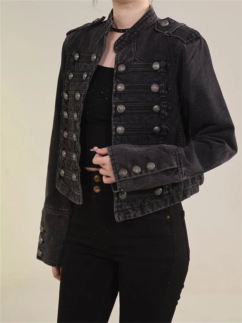 Women's American Retro Denim Military Inspired Cropped Denim Jacket Long Sleeve Stand Collar Jeans Coat Casual Motorcycle Coat