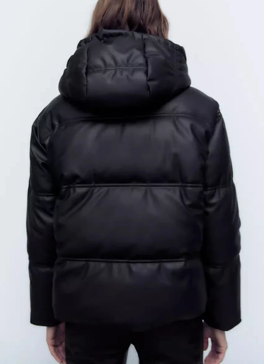 Women's Autumn Winter New Thickened Warm PU Imitation Leather Short Hooded Padded Jacket Top Faux Leather Parka Jacket Coat