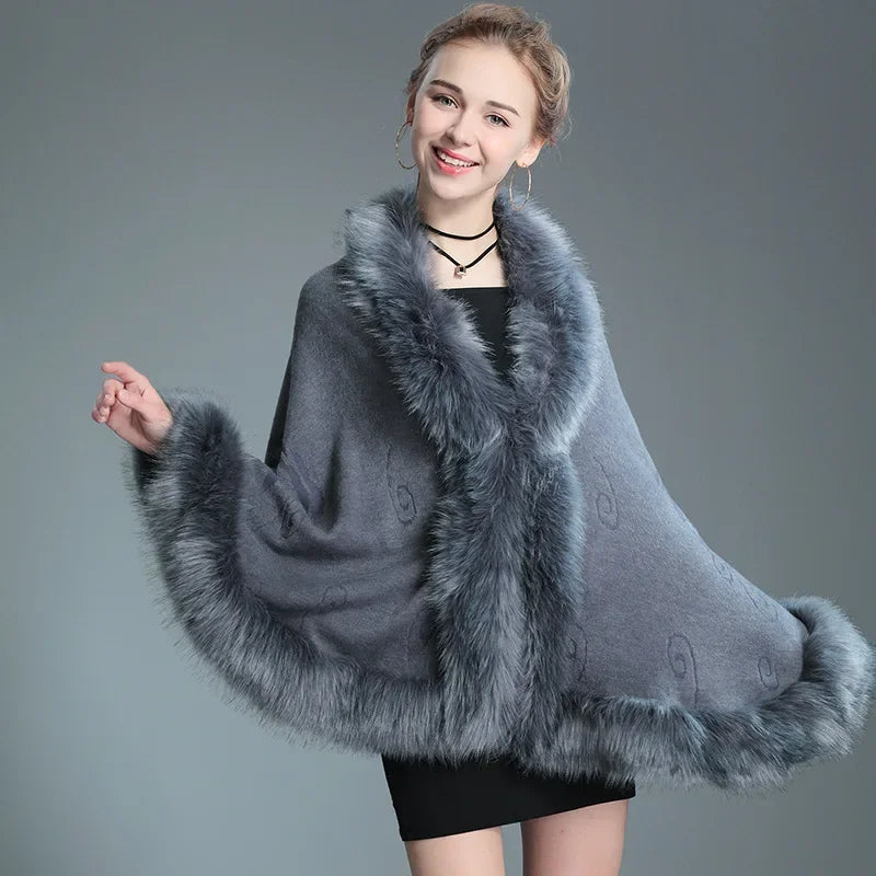 13 Colors Faux Fox Fur Collar Wool Cashmere Poncho Capes New Winter Women Black White Knitted Cardigan Loose Emboss Shawl Coat