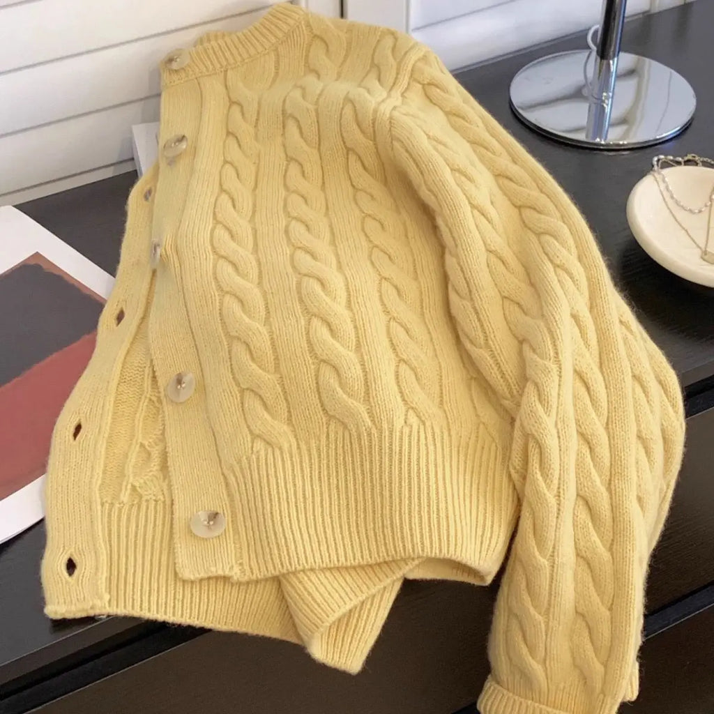 Yellow Loose Short Tops Cardigan Sueter Mujer Preppy Style Sweet Korean Women Sweaters Japanese Solid Knitted Coats Y2k O Neck