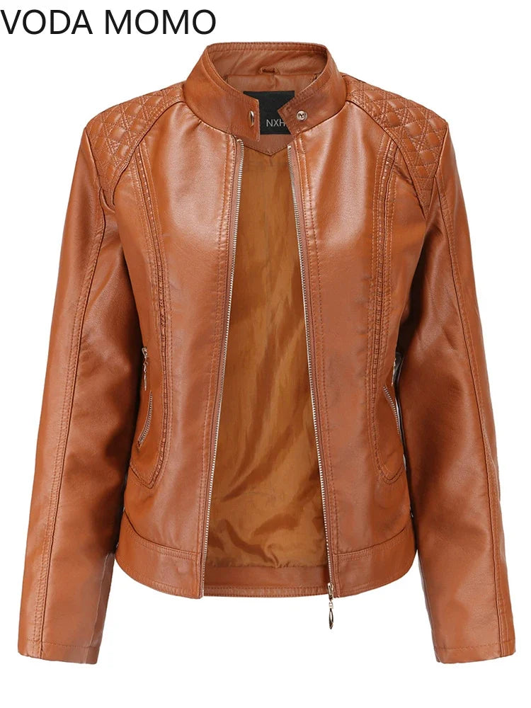 Women's Elegant Stand-up Collar Solid Jacket 2022 Female Three-dimensional Pattern Coat S-4XL New Pu Faux Leather Jacket Women