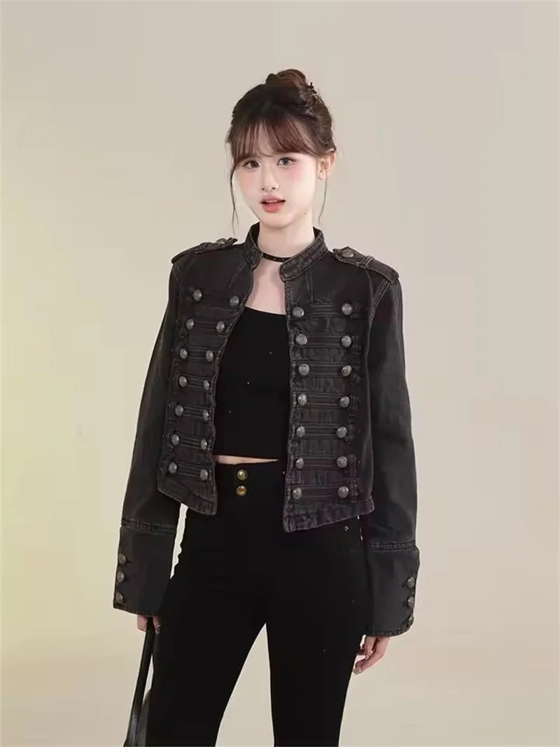Women's American Retro Denim Military Inspired Cropped Denim Jacket Long Sleeve Stand Collar Jeans Coat Casual Motorcycle Coat