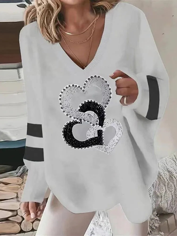Women's white Blouse  Tops Spring fall Fashion Love Print Long Sleeve Loose V Neck Pullover Irregular Hem Casual T Shirt women