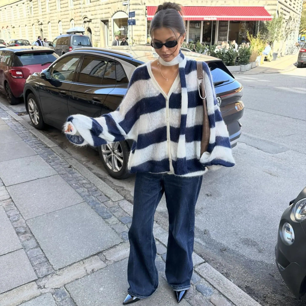 TARUXY Fashion Striped Sweater Cardigan With Scarf Female Loose Thin Hollow Knitted Top Lantern Sleeve Contrast Color Retro Top