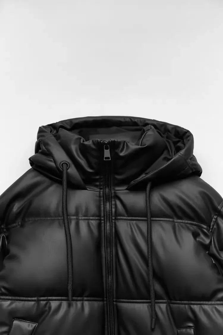 Women's Autumn Winter New Thickened Warm PU Imitation Leather Short Hooded Padded Jacket Top Faux Leather Parka Jacket Coat