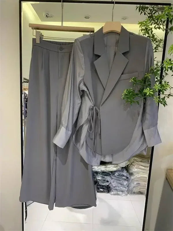 White Lace Up Shirt Splicing Suit Coat Wide Leg Pants Two Piece Sets Women Outfits Spring Summer High-end Fashion Women Set