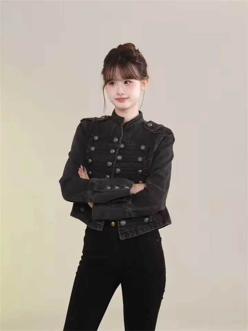 Women's American Retro Denim Military Inspired Cropped Denim Jacket Long Sleeve Stand Collar Jeans Coat Casual Motorcycle Coat
