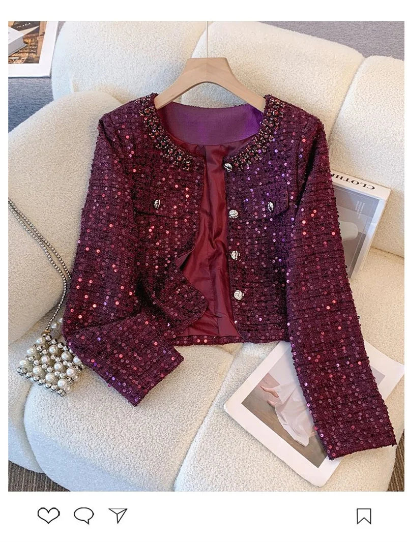 Luxury Beading Tweed Jacket Fall Winter New Vintage Sequins Women Woolen Coat Elegant Office Lady Single Breasted Outerwear 611P
