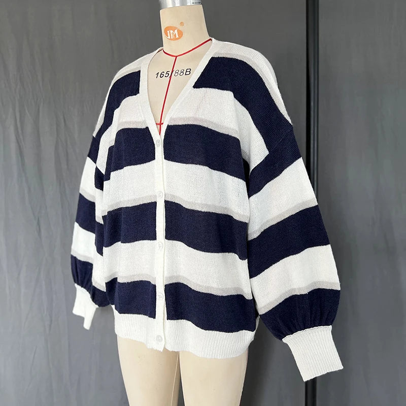 TARUXY Fashion Striped Sweater Cardigan With Scarf Female Loose Thin Hollow Knitted Top Lantern Sleeve Contrast Color Retro Top