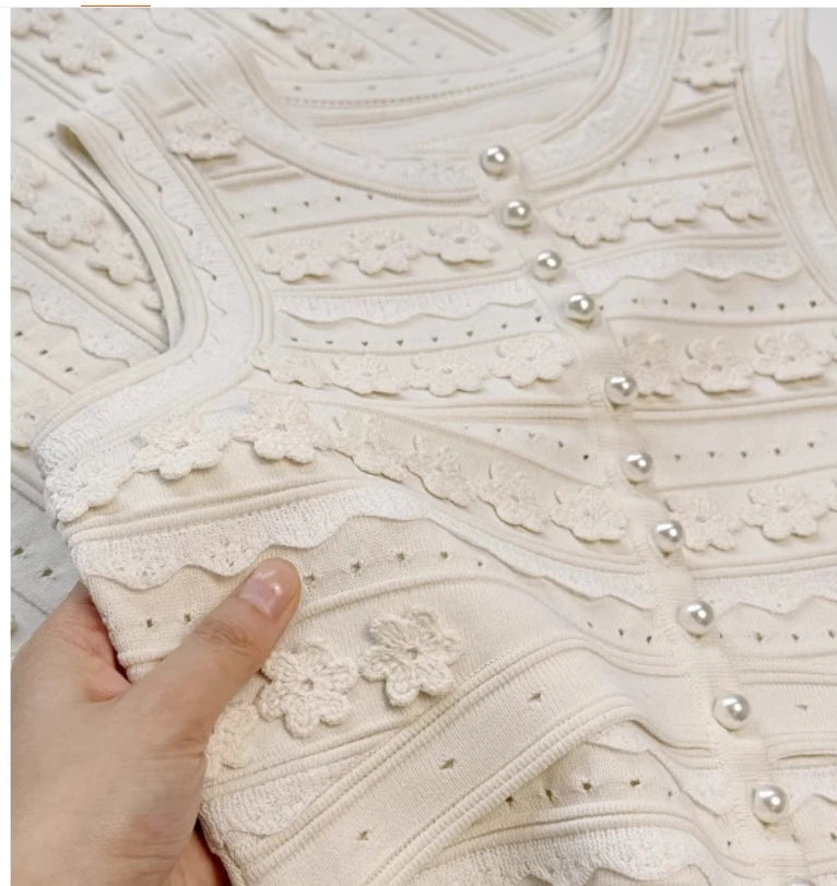 Women's white hollow knitted two-piece set elegant slim-fitting pearl-decorated vest or slit skirt