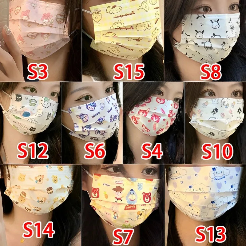 10pcs Sanrios Cartoon Breathable Mouth Face Mask Kuromi Melody Disposable Hygiene Face Shield Cute Outdoor Ornaments Girl Gift