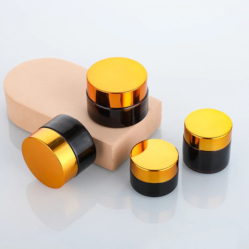 Amber Glass Jar Metal Golden Lid Light-Protection Skincare Face Cream Mask Lotion Gel Powder Bottle Pots Candle Refill Container
