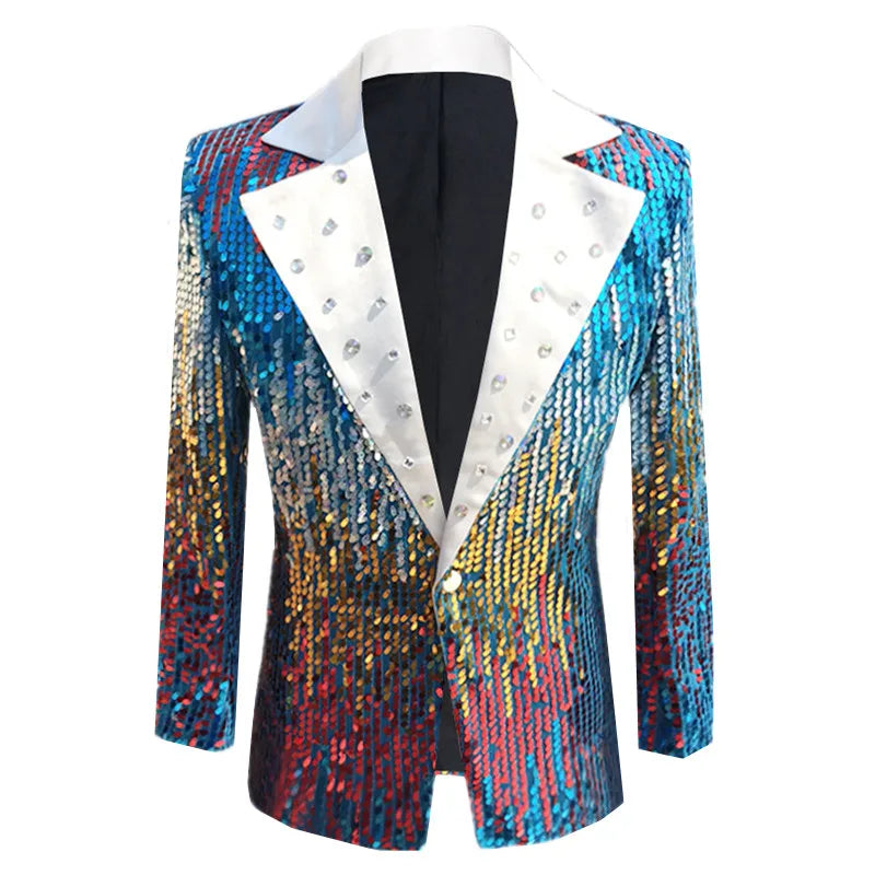 Fashion Men Sequins Suit Slim Fit Jacket Host Singer Pianist Stage Performance Luxury Dress One Button Blazer