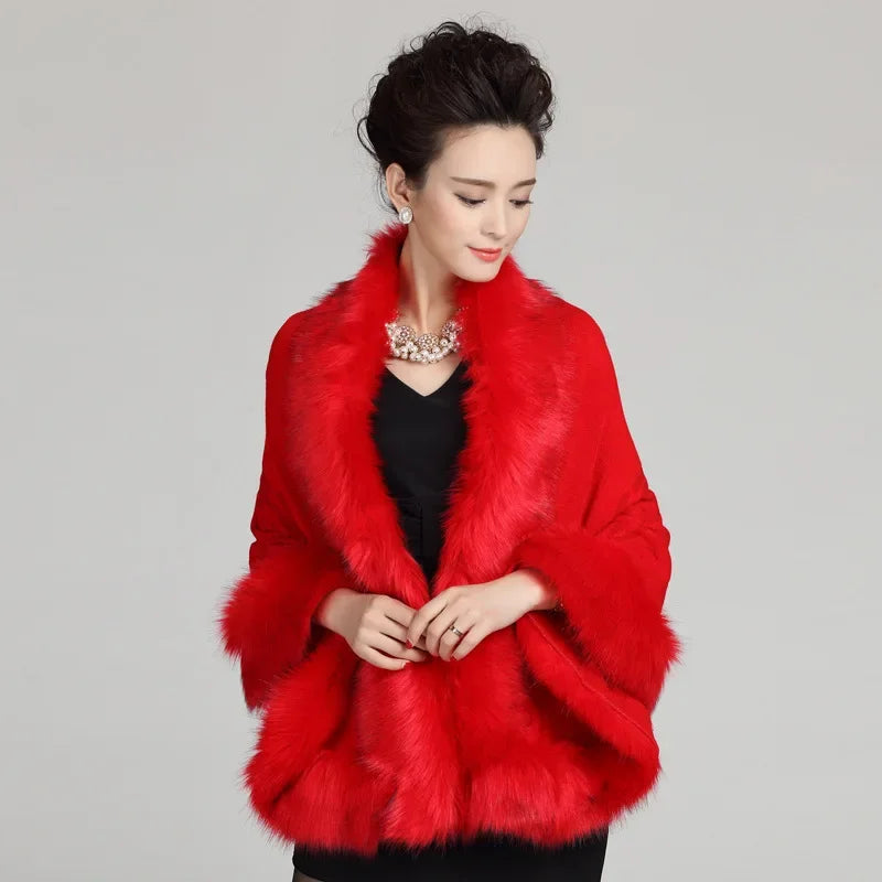 13 Colors Faux Fox Fur Collar Wool Cashmere Poncho Capes New Winter Women Black White Knitted Cardigan Loose Emboss Shawl Coat