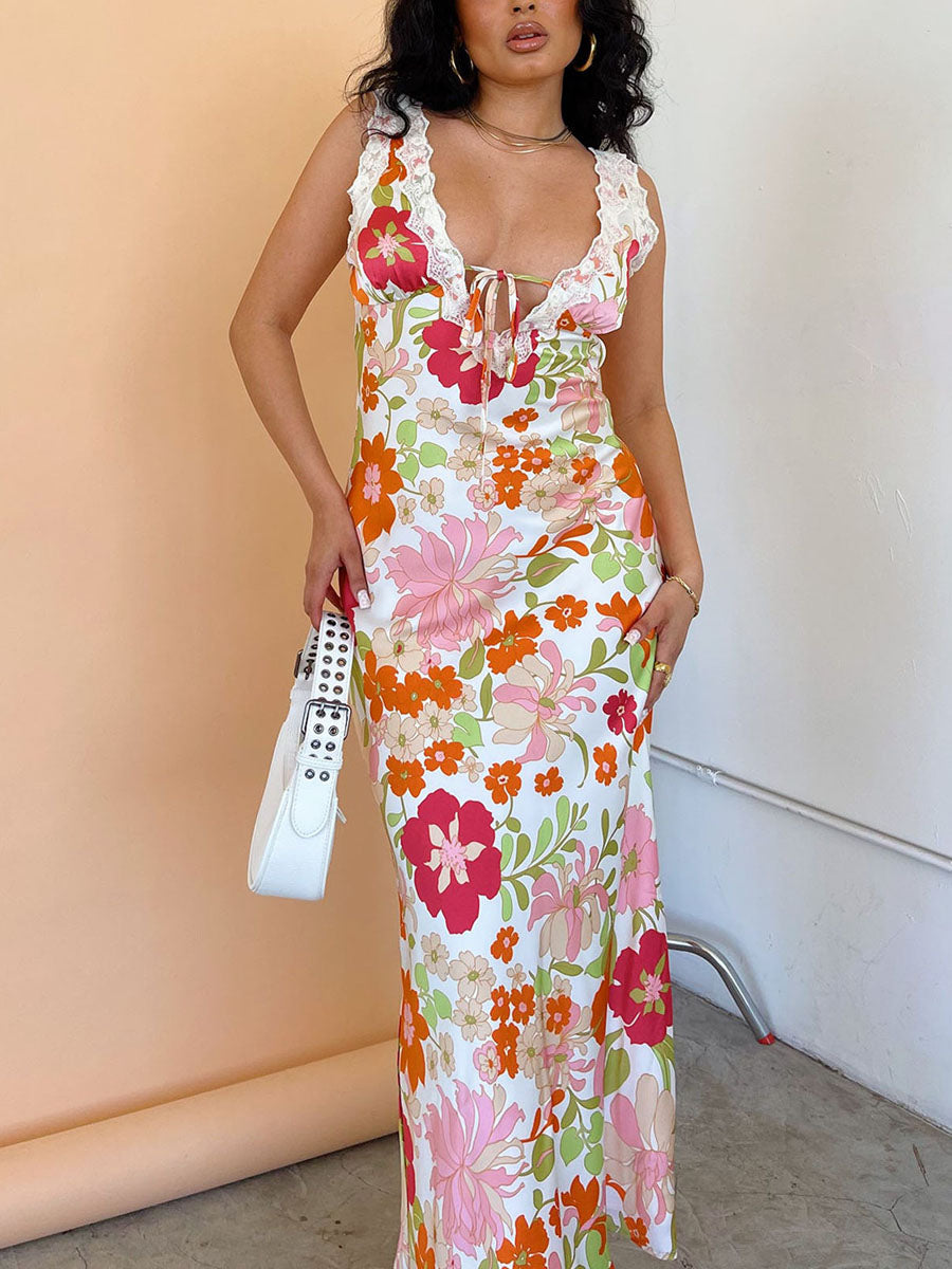 Women Slip Dress Sleeveless V-neck Tie-up Flower Print Long Dress Lace Patchwork Summer Dress for Cocktail Party