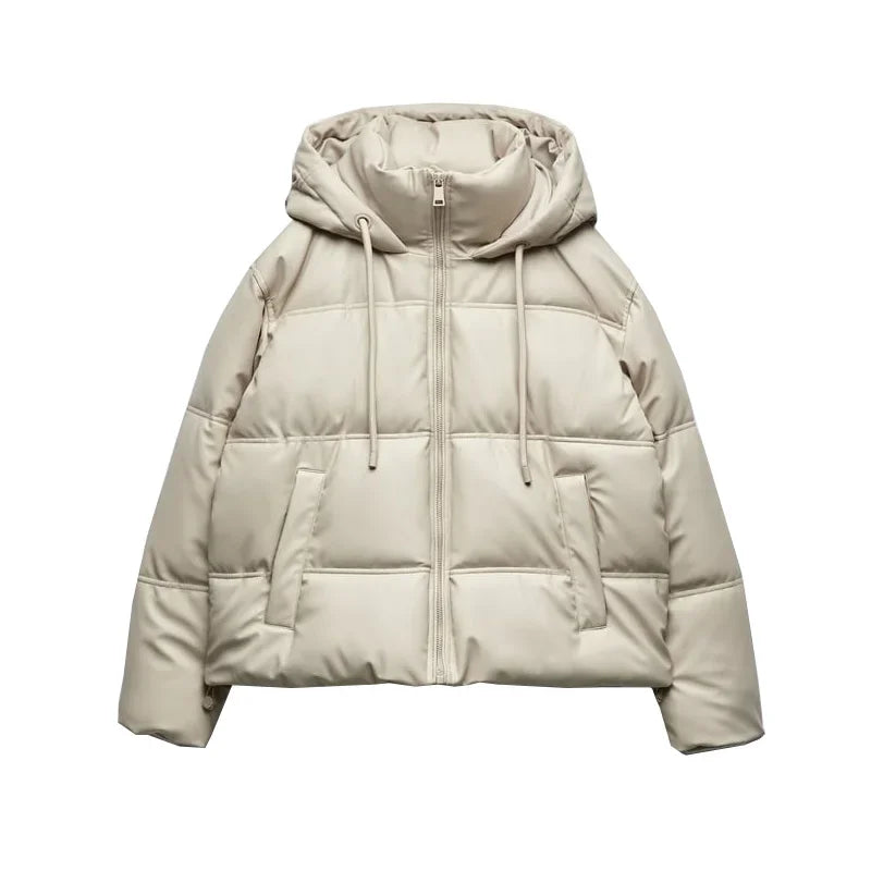 Women's Autumn Winter New Thickened Warm PU Imitation Leather Short Hooded Padded Jacket Top Faux Leather Parka Jacket Coat
