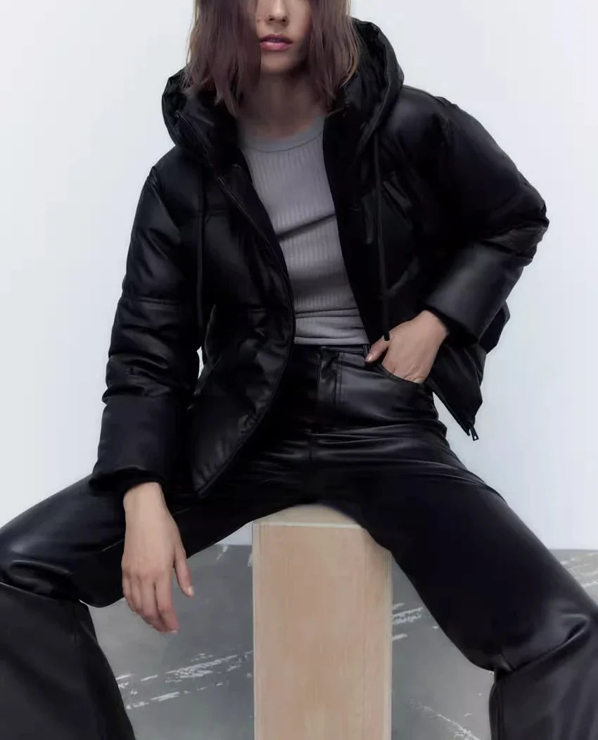 Women's Autumn Winter New Thickened Warm PU Imitation Leather Short Hooded Padded Jacket Top Faux Leather Parka Jacket Coat