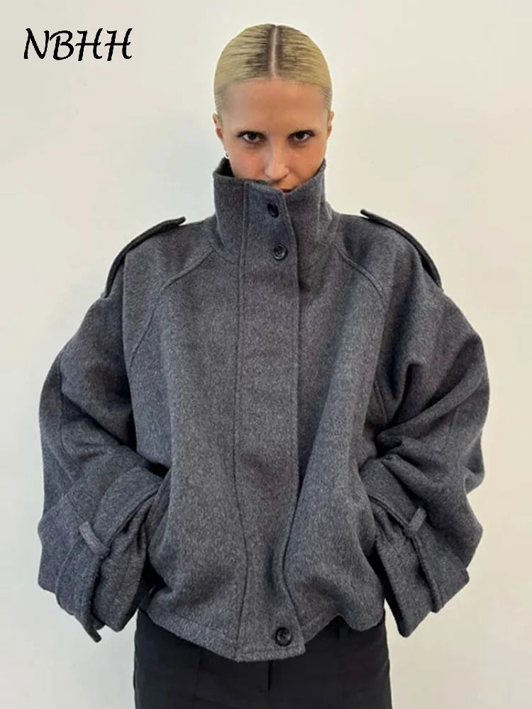 Loose Stand Collar Women's Woolen Coats Long Sleeve Single Breasted Pockets Jacket 2025 Autumn Winter Lady Outerwear Street