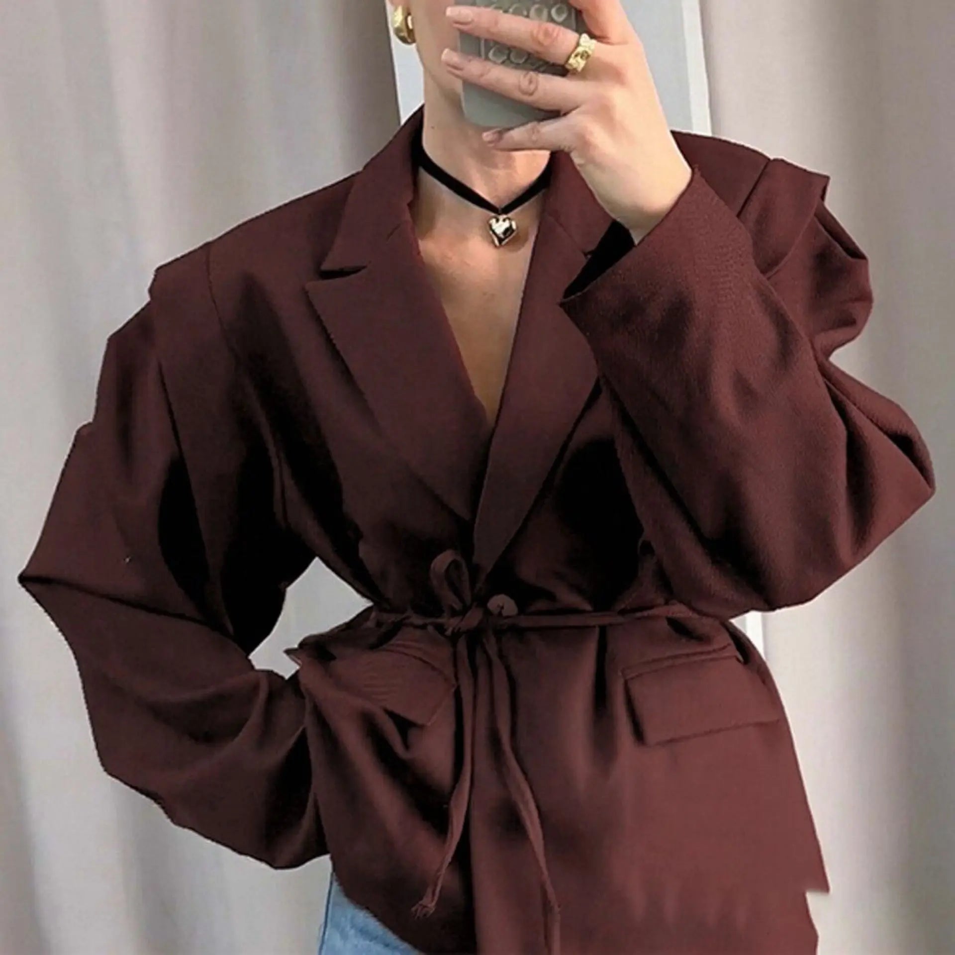 Women's Blazer with High-End Style  Elegant Commuter Look with Waist-Tie Belt Padded Shoulders