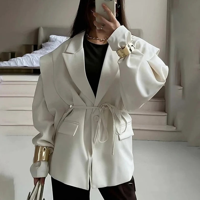 Women's Blazer with High-End Style  Elegant Commuter Look with Waist-Tie Belt Padded Shoulders