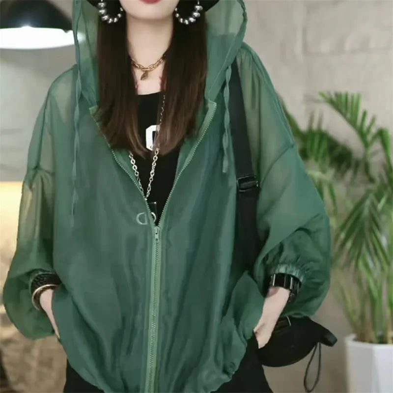 Hooded Drawstring Design Summer Sun-Protective Women New Casual Fashion Solid Color Thin Breathable Jacket Loose Sunscreen Coat