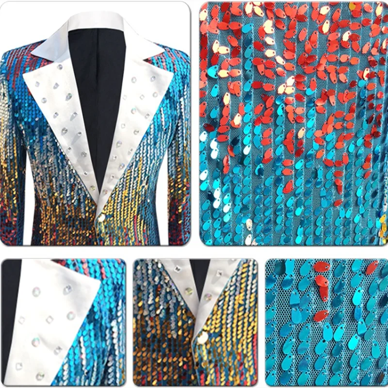 Fashion Men Sequins Suit Slim Fit Jacket Host Singer Pianist Stage Performance Luxury Dress One Button Blazer