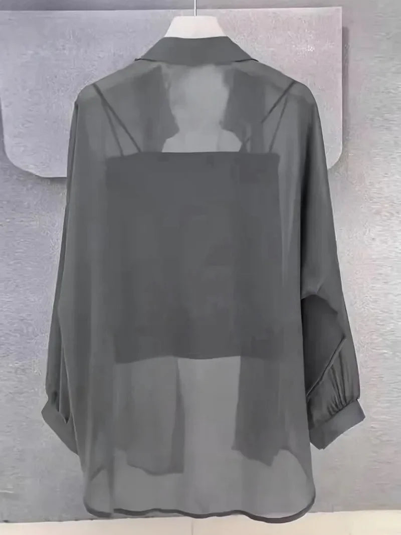 New Women's Shirt | Lightweight Breathable, Solid Color, Straight Button Placket, Lapel, Long-Sleeve, Outerwear & Sun-Protective