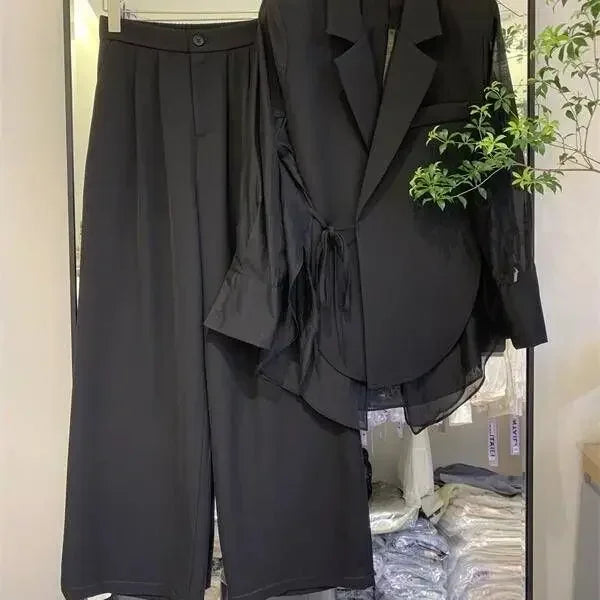 White Lace Up Shirt Splicing Suit Coat Wide Leg Pants Two Piece Sets Women Outfits Spring Summer High-end Fashion Women Set