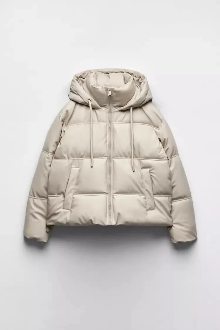 Women's Autumn Winter New Thickened Warm PU Imitation Leather Short Hooded Padded Jacket Top Faux Leather Parka Jacket Coat