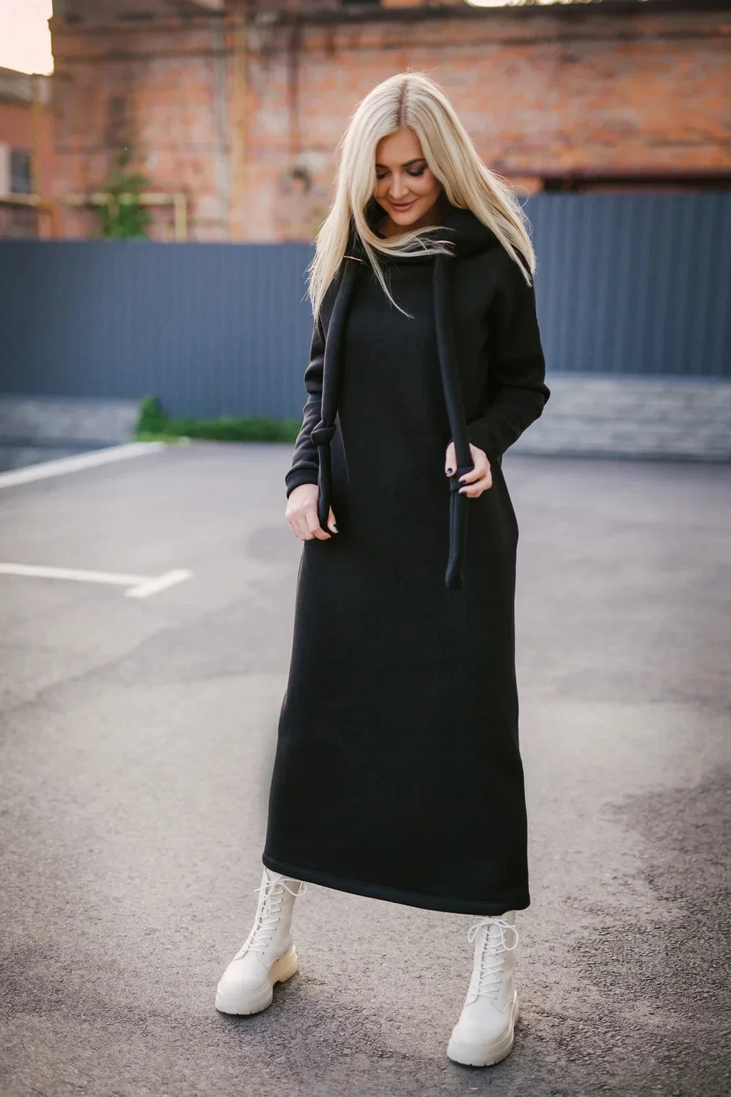 Women Fashion  New Loose Large Knitted Hooded Autumn Winter Long Dress Velvet Hoodie Dress Casual Dress Splicing Warm Dress