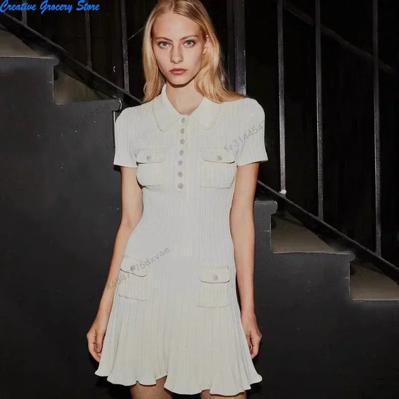 2025 Spring/Summer New Polo Neck Short Sleeve Knitted Dress Y2K Fashion Commuter Elastic Slim Fit Multi Pocket Wrapped Hip Skirt