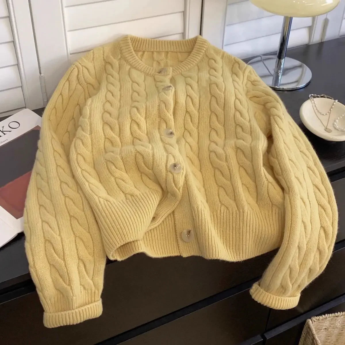 Yellow Loose Short Tops Cardigan Sueter Mujer Preppy Style Sweet Korean Women Sweaters Japanese Solid Knitted Coats Y2k O Neck
