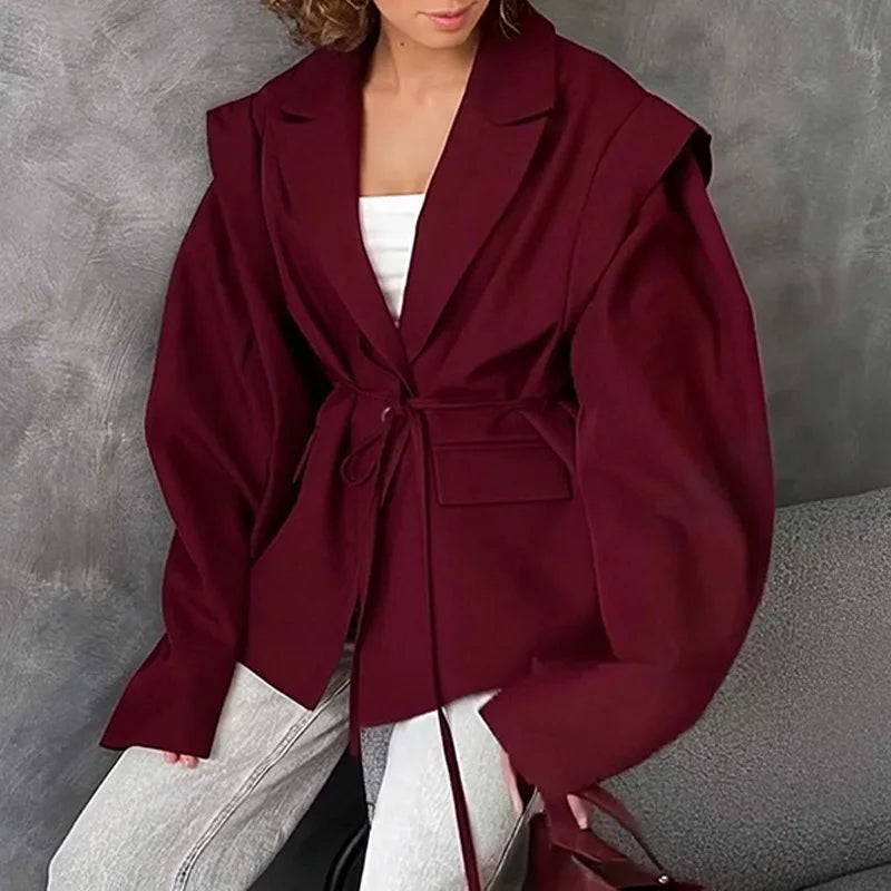 Women's Blazer with High-End Style  Elegant Commuter Look with Waist-Tie Belt Padded Shoulders