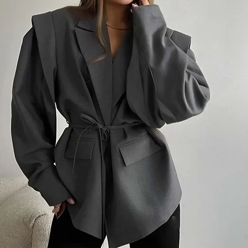 Women's Blazer with High-End Style  Elegant Commuter Look with Waist-Tie Belt Padded Shoulders