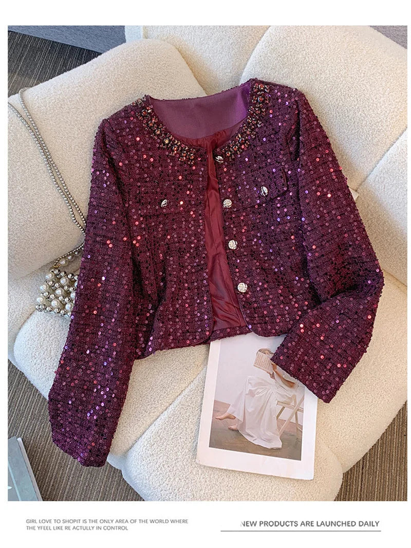 Luxury Beading Tweed Jacket Fall Winter New Vintage Sequins Women Woolen Coat Elegant Office Lady Single Breasted Outerwear 611P
