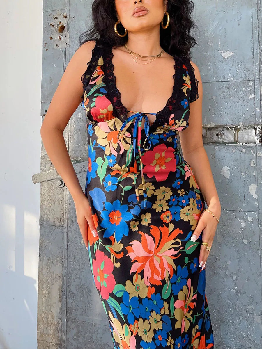 Women Slip Dress Sleeveless V-neck Tie-up Flower Print Long Dress Lace Patchwork Summer Dress for Cocktail Party