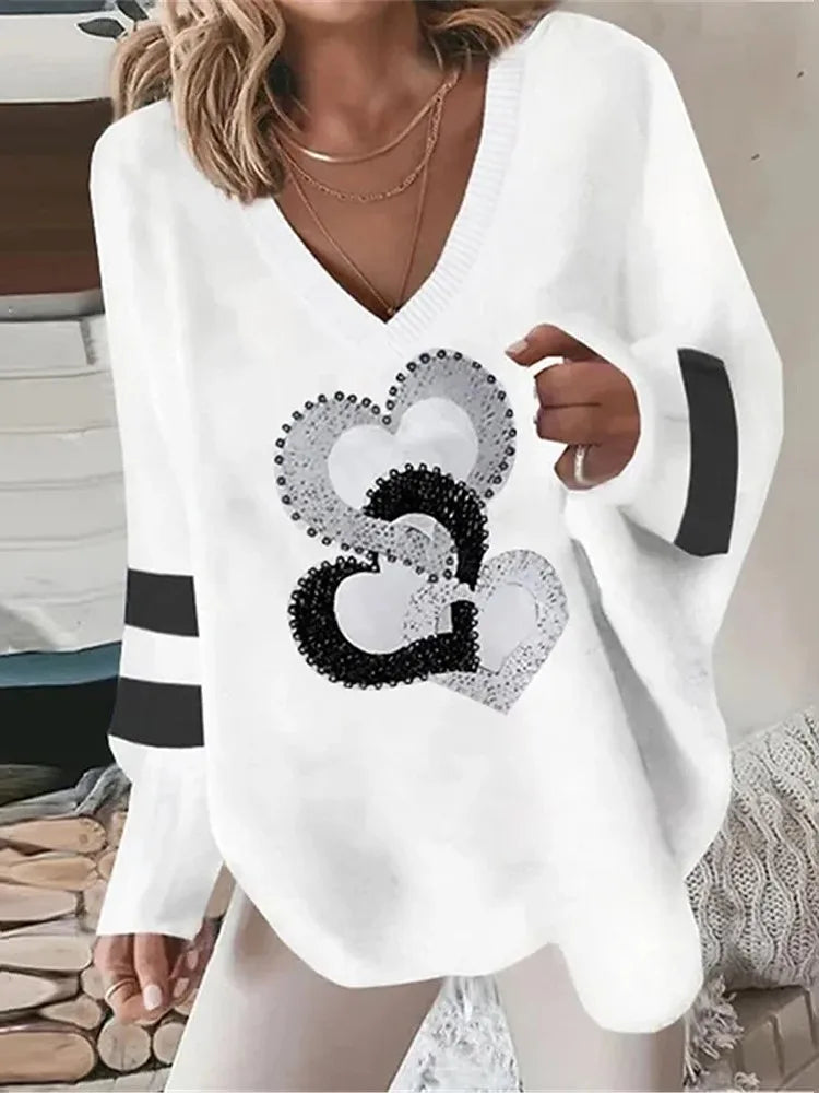 Women's white Blouse  Tops Spring fall Fashion Love Print Long Sleeve Loose V Neck Pullover Irregular Hem Casual T Shirt women
