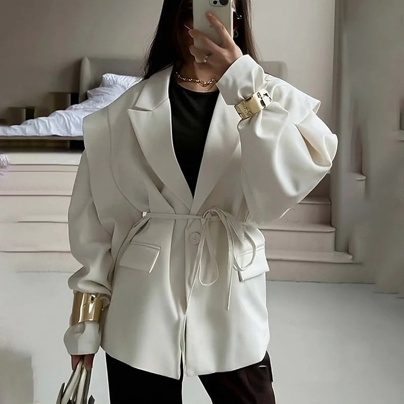 Women's Blazer with High-End Style  Elegant Commuter Look with Waist-Tie Belt Padded Shoulders