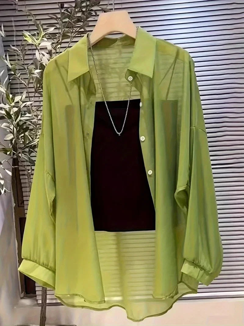 New Women's Shirt | Lightweight Breathable, Solid Color, Straight Button Placket, Lapel, Long-Sleeve, Outerwear & Sun-Protective