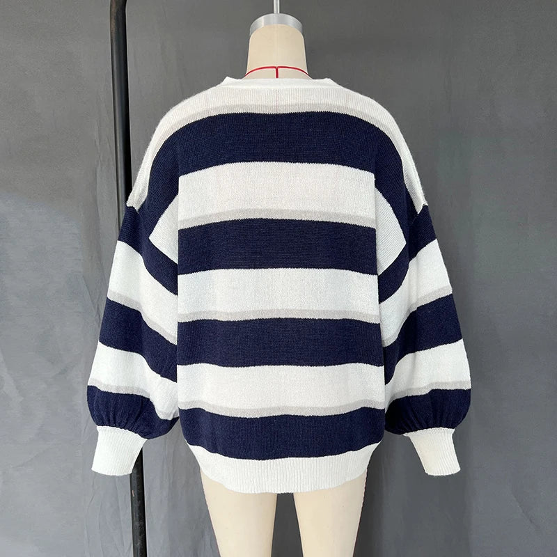 TARUXY Fashion Striped Sweater Cardigan With Scarf Female Loose Thin Hollow Knitted Top Lantern Sleeve Contrast Color Retro Top