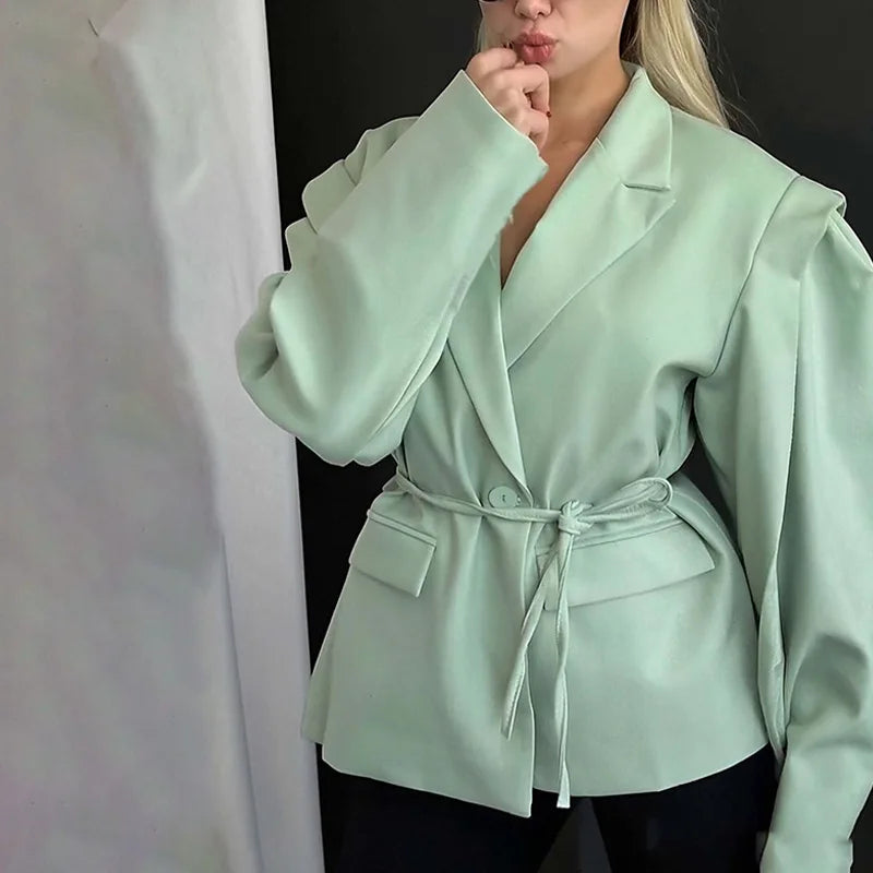 Women's Blazer with High-End Style  Elegant Commuter Look with Waist-Tie Belt Padded Shoulders