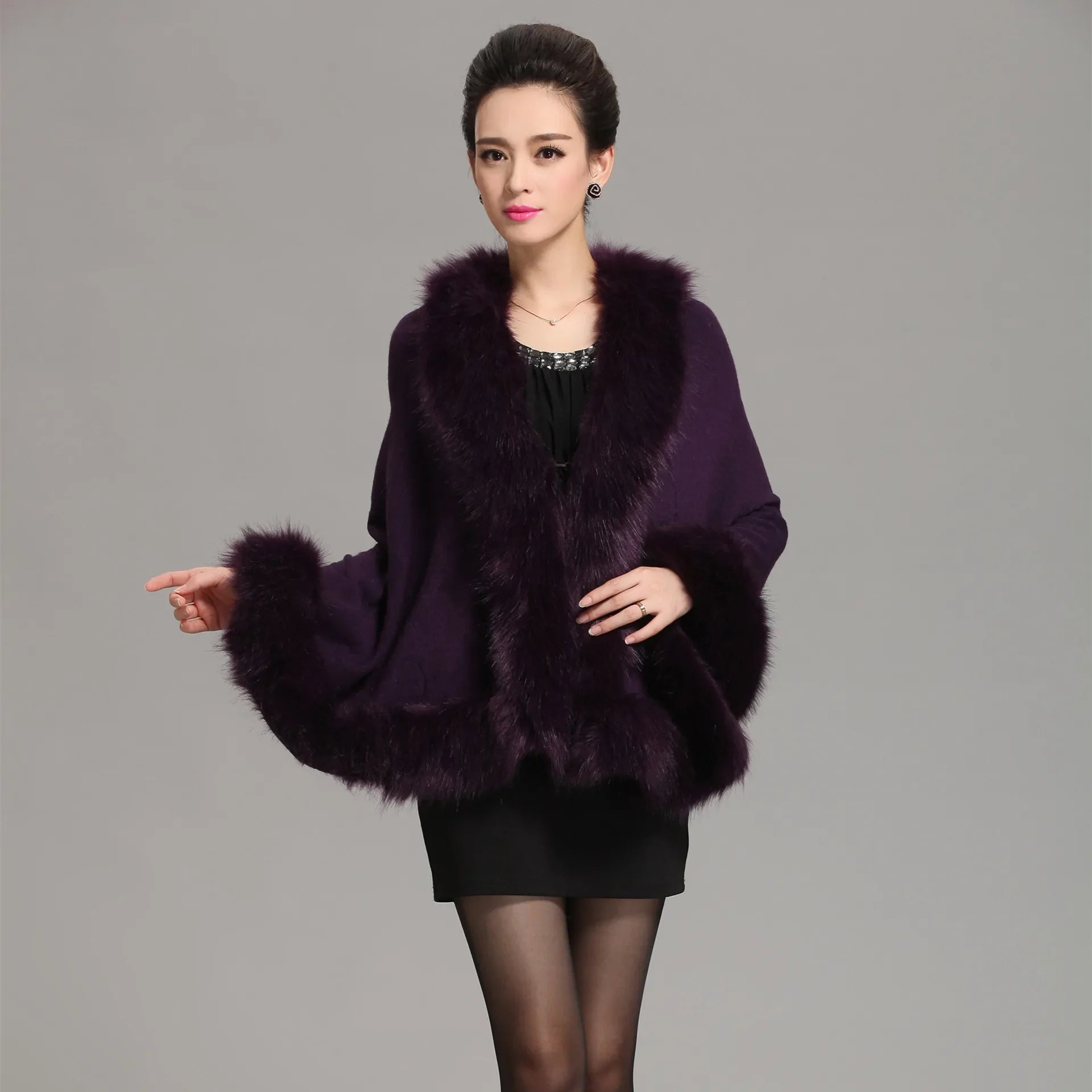 13 Colors Faux Fox Fur Collar Wool Cashmere Poncho Capes New Winter Women Black White Knitted Cardigan Loose Emboss Shawl Coat